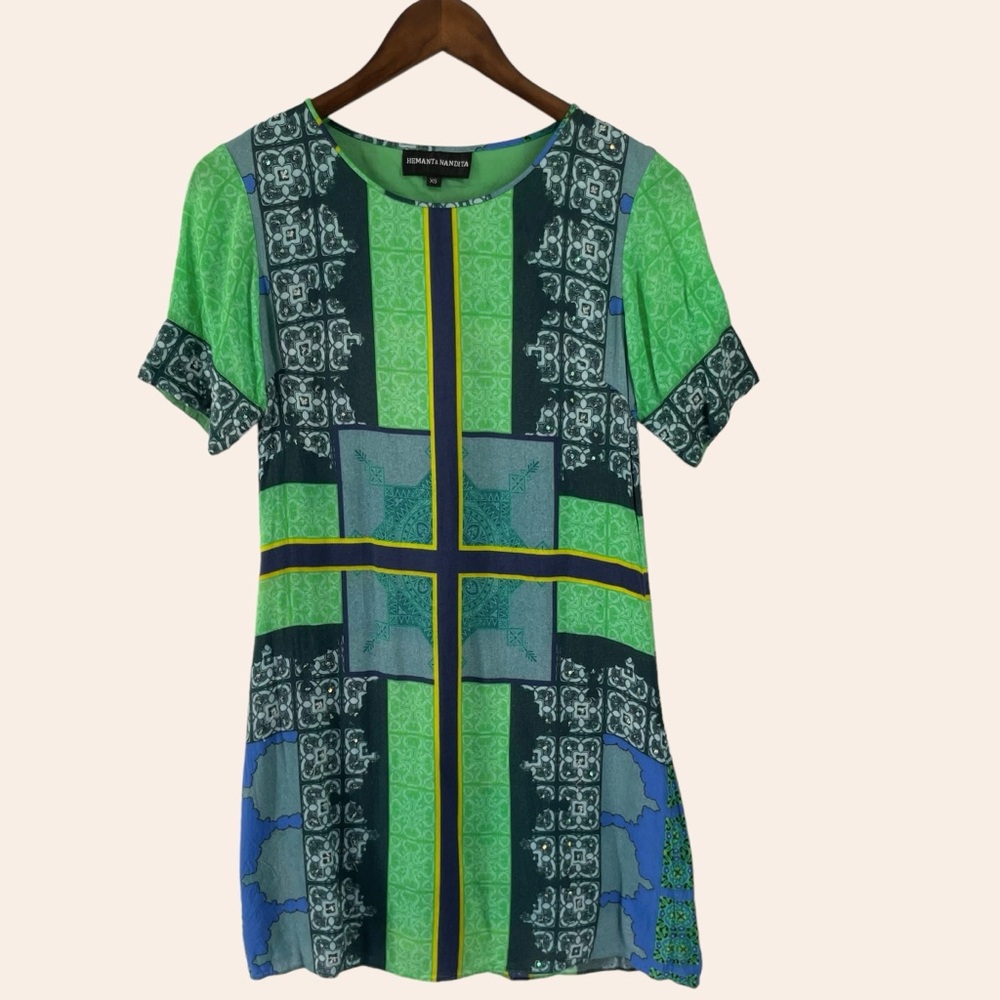 Anthropologie‎ Hemant and Nandita Silk Green Sequin Indian Print Shift Dress